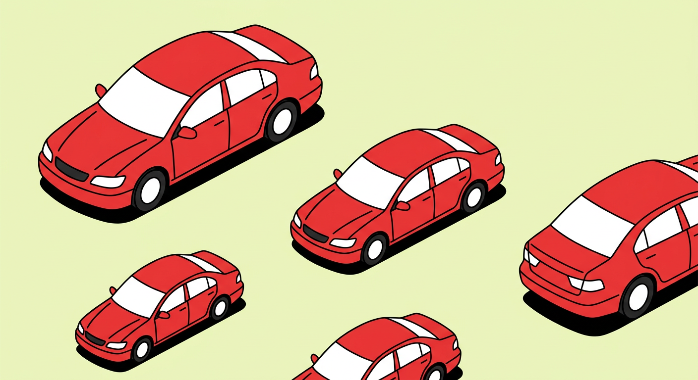 Illustration: several red cars scattered across a pale green field, one plan for each car