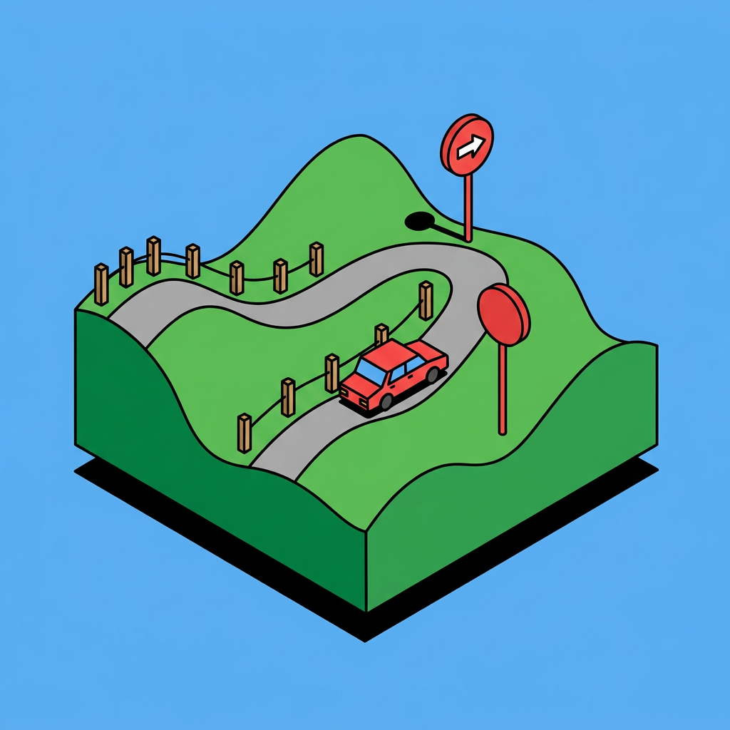 Illustration: a small red car on a winding road across green hills, with a round red road sign