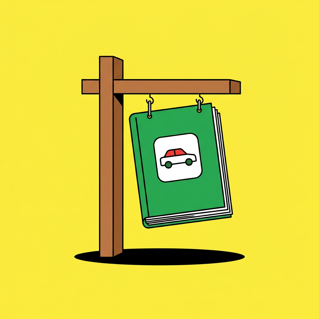 Illustration: a green printed booklet with a small car on its cover, hanging from a wooden sign post