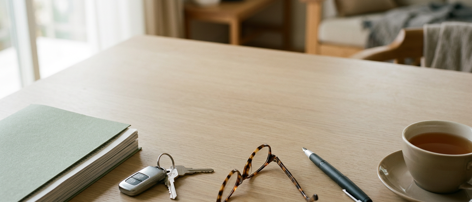 Photograph, generated: a green printed booklet, car keys, reading glasses, a pen and a cup of tea on a wooden table